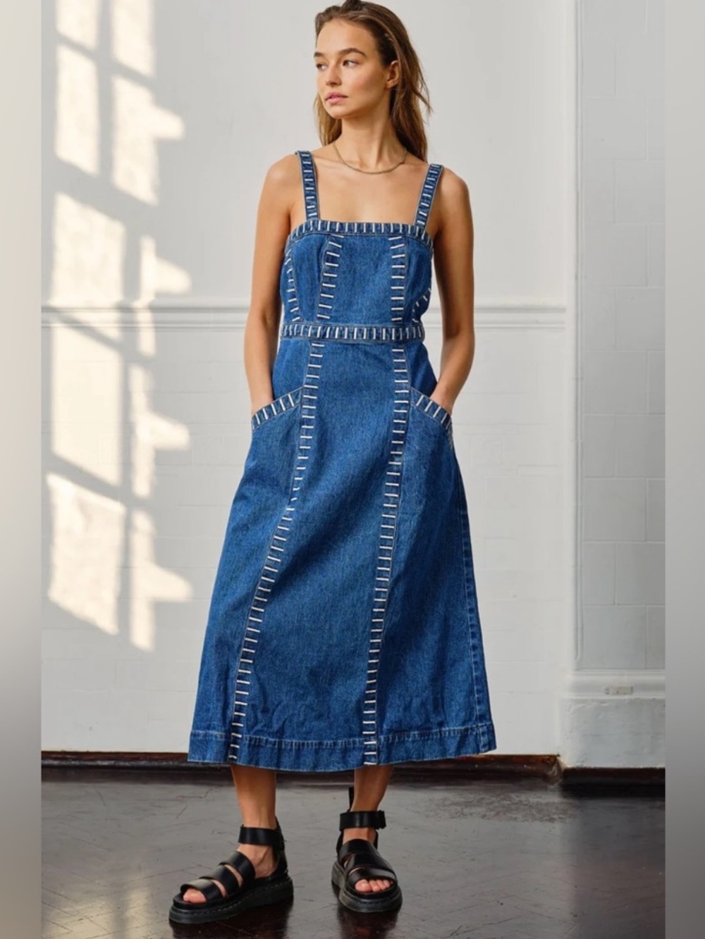 Seventy + Mochi Ella Sleeveless Square-Neck Denim Midi Dress Size 6